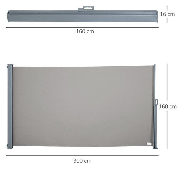 Zatahovací boční markýza Outsunny 300 x 160 cm, venkovní hliníkový větrník, ochrana proti slunci, roztažitelná clona na balkon, do zahrady a na terasu