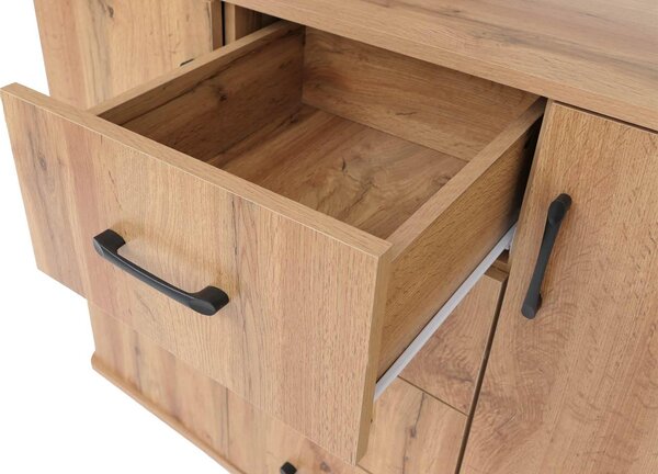 Komoda HWC-P42, příborník, 4 zásuvky, 2 dvířka, MDF 92 x 120 x 40 cm vzhled dubu Wotan