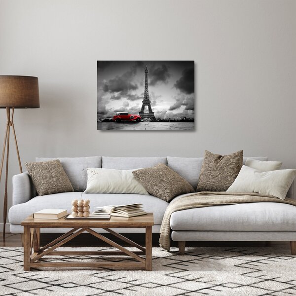 Skleněný obraz - Eiffelova věž a červené auto (70x50 cm)