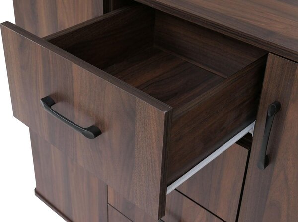 Komoda HWC-P42, příborník, 4 zásuvky, 2 dvířka, MDF 92 x 120 x 40 cm vzhled ořechu