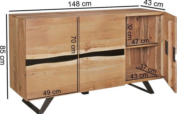 FineBuy Příborník z akáciového masivu 150 cm se 3 dvířky- Masivní retro komoda s hranou ze stromu - Designový přírodní příborník - Ruční výroba Industrial