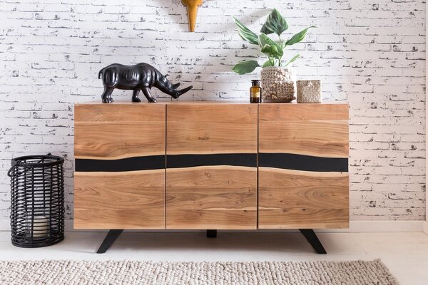FineBuy Příborník z akáciového masivu 150 cm se 3 dvířky- Masivní retro komoda s hranou ze stromu - Designový přírodní příborník - Ruční výroba Industrial