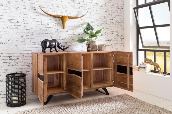 FineBuy Příborník z akáciového masivu 150 cm se 3 dvířky- Masivní retro komoda s hranou ze stromu - Designový přírodní příborník - Ruční výroba Industrial