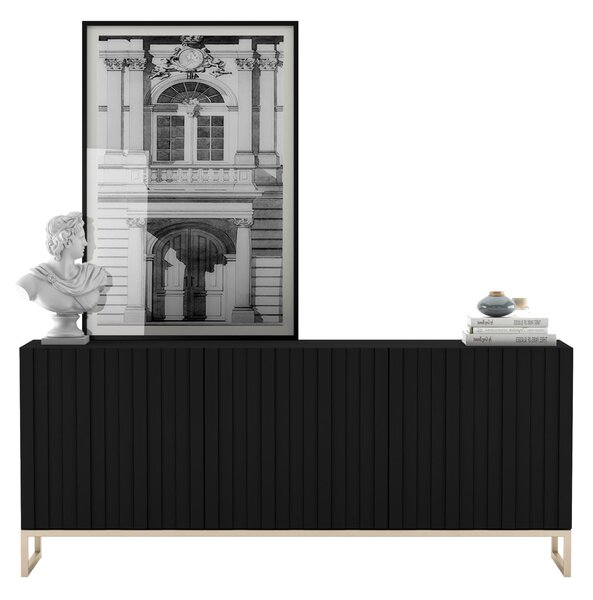 Komoda RTV Glamour 3D TV skříňka Moderní Nábytek Lindner 168cm x 36,5cm x 72 cm Barva: Černá matná Rám: Zlatý -kovová