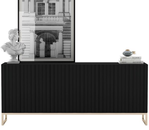 Komoda RTV Glamour 3D TV skříňka Moderní Nábytek Lindner 168cm x 36,5cm x 72 cm Barva: Černá matná Rám: Zlatý -kovová