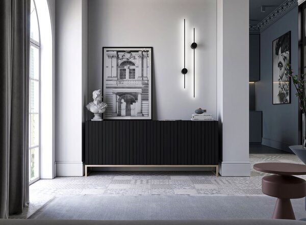 Komoda RTV Glamour 3D TV skříňka Moderní Nábytek Lindner 168cm x 36,5cm x 72 cm Barva: Černá matná Rám: Zlatý -kovová
