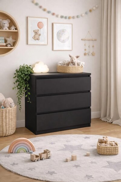 Černá komoda se zásuvkami, výška 70 cm, 3 zásuvky, vhodná do ložnice i obývacího pokoje – VÝROBCE