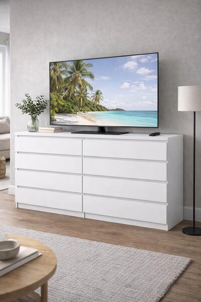 Bílá komoda se zásuvkami, 120 cm, 8 zásuvek, vhodná do ložnice i obývacího pokoje – VÝROBCE