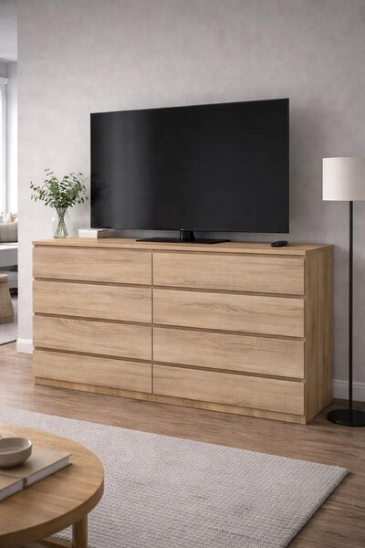 Komoda v dekoru dub Sonoma se zásuvkami, 120 cm, 8 zásuvek, do ložnice a obývacího pokoje – VÝROBCE