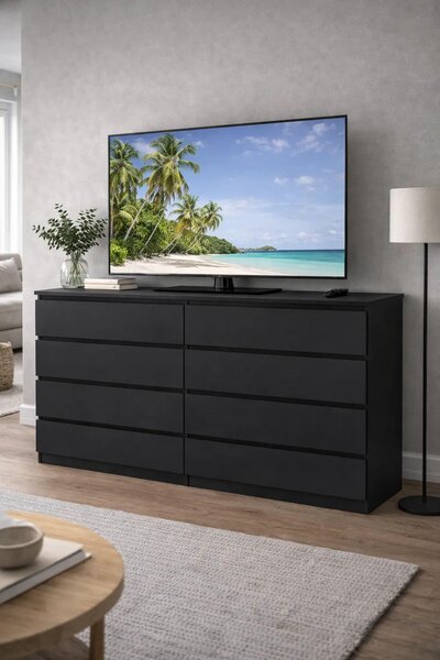 Černá komoda se zásuvkami, 120 cm, 8 zásuvek, vhodná do ložnice i obývacího pokoje – VÝROBCE