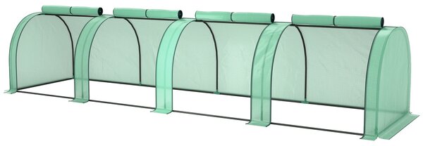 Mini skleník Outsunny - mini tunelový skleník pro pěstování rajčat 4 x 1 x 0,8 m, ocel, vysokohustotní PE 140 g/m², proti UV, 4 dveře s rolovacím zipe