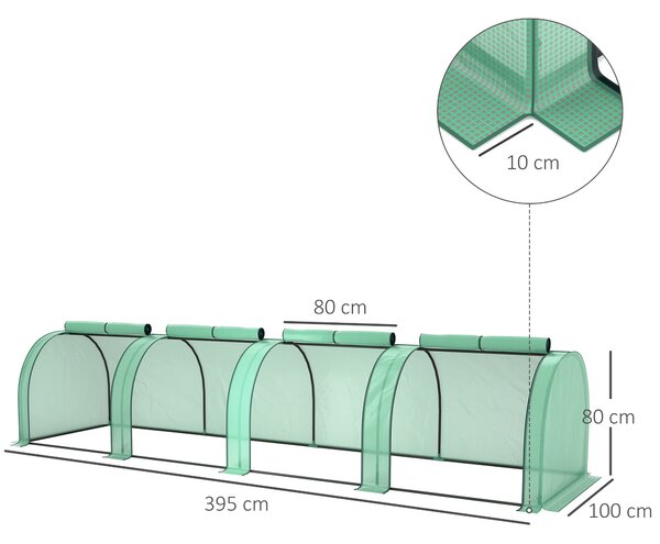 Mini skleník Outsunny - mini tunelový skleník pro pěstování rajčat 4 x 1 x 0,8 m, ocel, vysokohustotní PE 140 g/m², proti UV, 4 dveře s rolovacím zipe