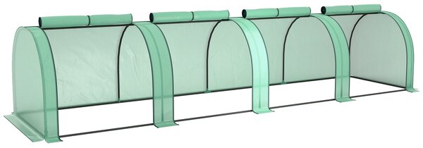 Mini skleník Outsunny - mini tunelový skleník pro pěstování rajčat 4 x 1 x 0,8 m, ocel, vysokohustotní PE 140 g/m², proti UV, 4 dveře s rolovacím zipe
