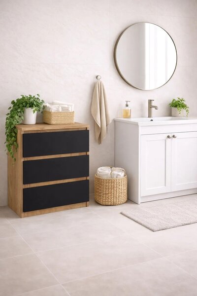 Komoda z dubu Sonoma s zásuvkami, šířka 70 cm, 3 zásuvky, čelní plochy v černé barvě. VÝROBCE