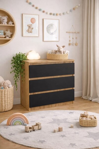 Komoda z dubu Sonoma s zásuvkami, šířka 70 cm, 3 zásuvky, čelní plochy v černé barvě. VÝROBCE
