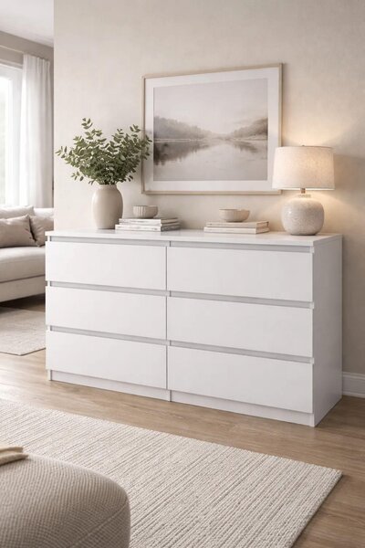 Bílá komoda se zásuvkami, 120 cm, 6 zásuvek, vhodná do ložnice i obývacího pokoje – VÝROBCE