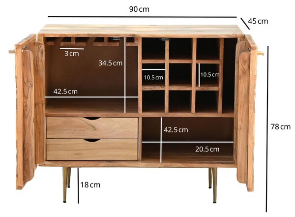 FineBuy, skříňka na víno z akáciového masivního dřeva, 90 cm, přírodní barva, regál na víno, domácí bar, držák na sklenice, skříň na víno, dřevěné dveře, skříňka na nápoje, komoda na víno, dřevo, ruční výroba