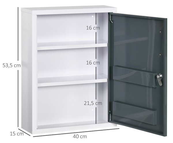 Nástěnná lékovka kleankin s 2 policemi a 3 úrovněmi, uzamykatelnými dveřmi a 2 klíči, ocel 40 x 15 x 53,5 cm Bílá a Šedá | Aosom