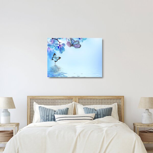 Skleněný obraz - Motýl na květech orchideje, modrý (70x50 cm)