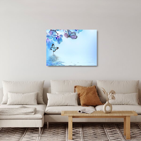 Skleněný obraz - Motýl na květech orchideje, modrý (70x50 cm)