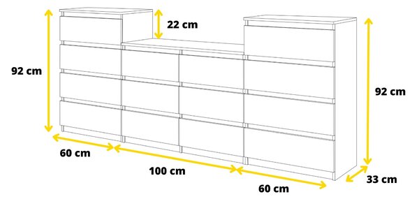 GABRIEL – Komoda / Skříňka s 14 zásuvkami (4+6+4) – Antracitová šedá, výška 92 cm, šířka 220 cm, hloubka 33 cm