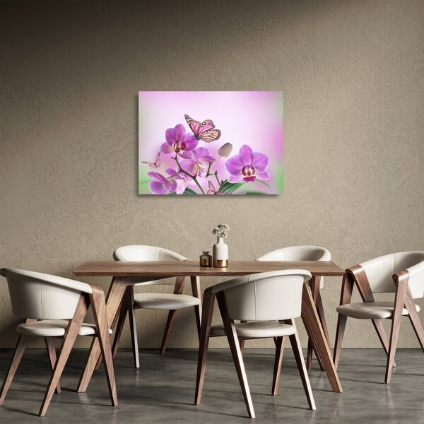 Skleněný obraz - Motýl na květech orchideje, lila (70x50 cm)