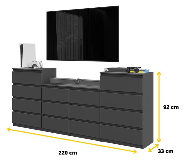 GABRIEL – Komoda / Skříňka s 14 zásuvkami (4+6+4) – Antracitová šedá, výška 92 cm, šířka 220 cm, hloubka 33 cm