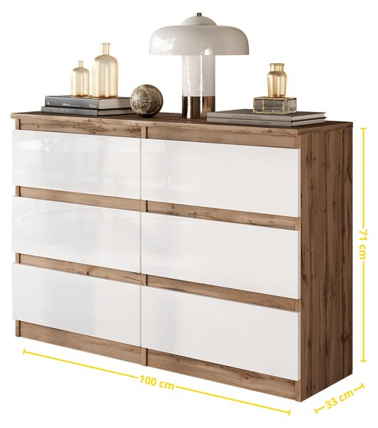 Komoda Wotan, dub/bílá vysoký lesk, s 6 zásuvkami – Moderní komoda jako postelní nebo obývací nábytek – Skandinávský design – GABRIEL