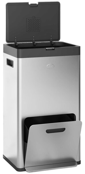 HOMCOM 56L Kuchyňský odpadkový koš s kolečky, 3 oddělení, tichý zavírací mechanismus, široký pedál, odolný proti otiskům prstů a zápachu stříbrný | Ao