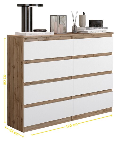 Komoda Wotan, dub/bílá matná, s 8 zásuvkami – Moderní komoda do ložnice a obývacího pokoje – Skandinávský styl – GABRIEL