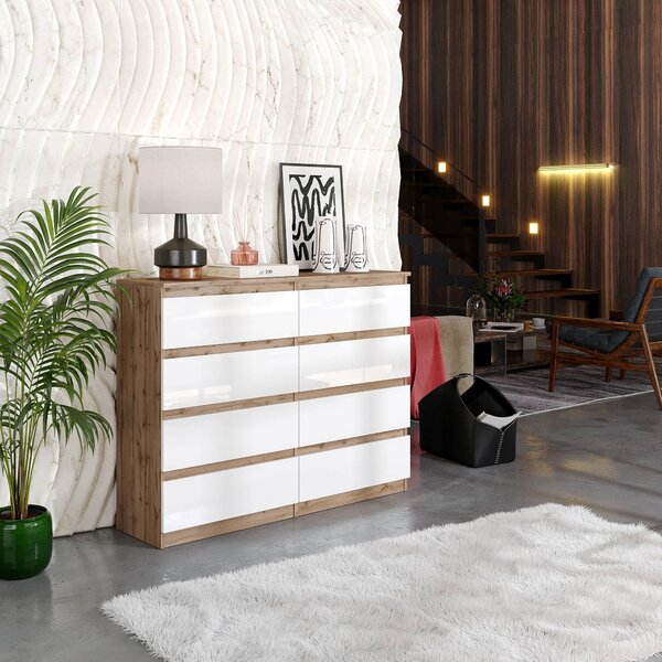 Komoda Wotan, dub/bílá vysoký lesk, s 8 zásuvkami – Moderní komoda do ložnice a obývacího pokoje – Skandinávský design – GABRIEL