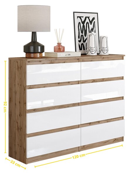 Komoda Wotan, dub/bílá vysoký lesk, s 8 zásuvkami – Moderní komoda do ložnice a obývacího pokoje – Skandinávský design – GABRIEL