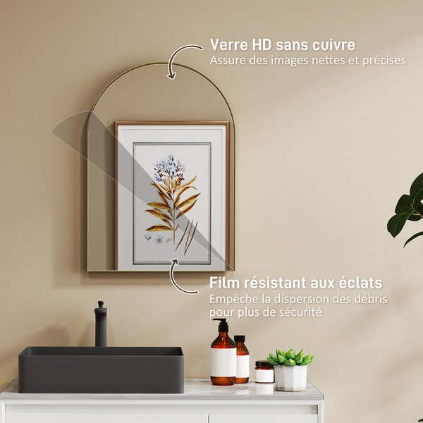 HOMCOM Obloukové zrcadlo na stěnu, koupelnové zrcadlo, 50 x 70 cm, vysoké rozlišení, s hliníkovým rámem, pro ložnici, obývací pokoj, předsíň, zlaté |