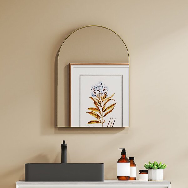 HOMCOM Obloukové zrcadlo na stěnu, koupelnové zrcadlo, 50 x 70 cm, vysoké rozlišení, s hliníkovým rámem, pro ložnici, obývací pokoj, předsíň, zlaté |