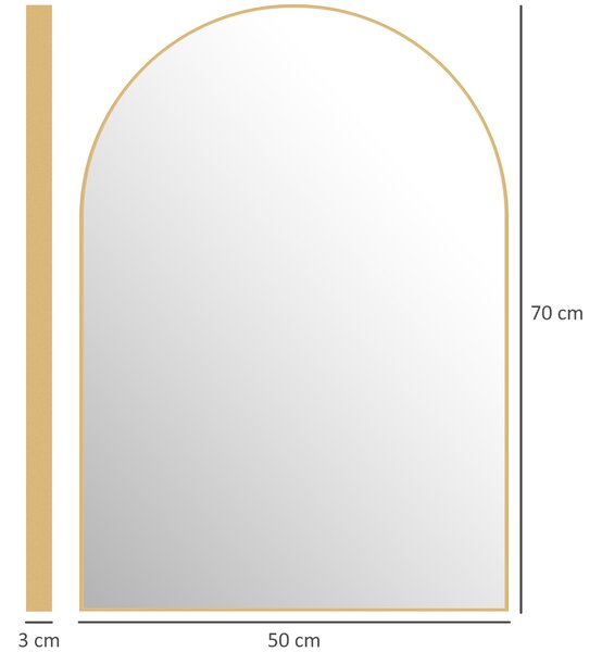HOMCOM Obloukové zrcadlo na stěnu, koupelnové zrcadlo, 50 x 70 cm, vysoké rozlišení, s hliníkovým rámem, pro ložnici, obývací pokoj, předsíň, zlaté |