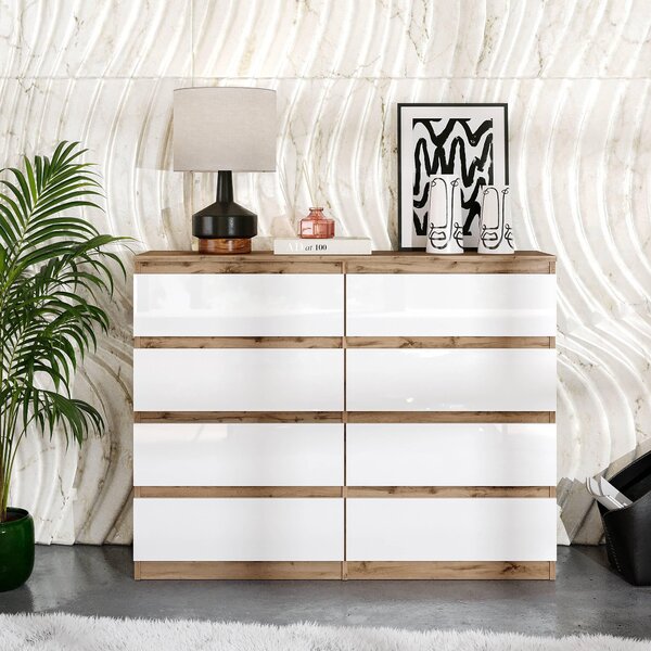 Komoda Wotan, dub/bílá vysoký lesk, s 8 zásuvkami – Moderní komoda do ložnice a obývacího pokoje – Skandinávský design – GABRIEL