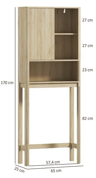 HOMCOM Koupelnová skříňka nad toaletu s posuvnými dveřmi, oddíly a nastavitelnou policí, 65 x 25 x 170 cm, Přírodní dřevo | Aosom