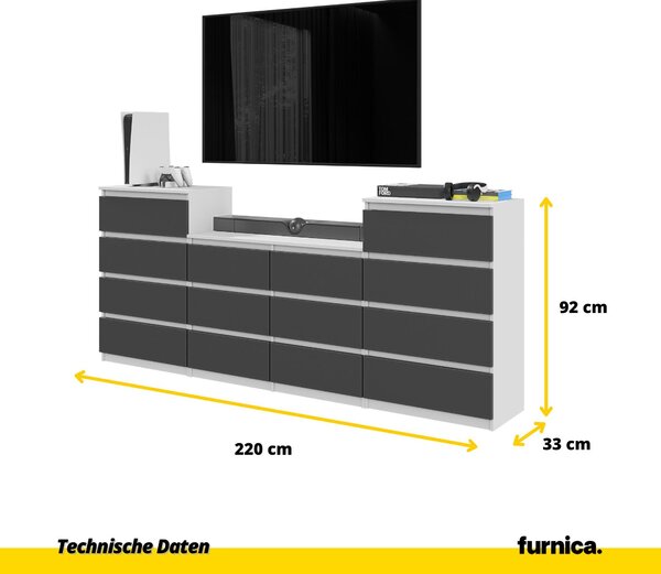 Komoda, bílá matná / antracitová šedá, se 14 zásuvkami (4+6+4) – Velká komoda/skříň do ložnice a obývacího pokoje – GABRIEL