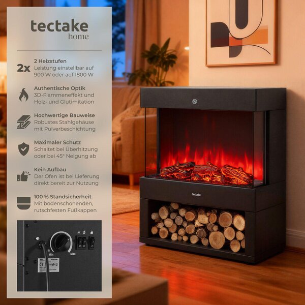 Elektrický krb Leora, 2 nastavení teploty, termostat, efekt plamene - černý