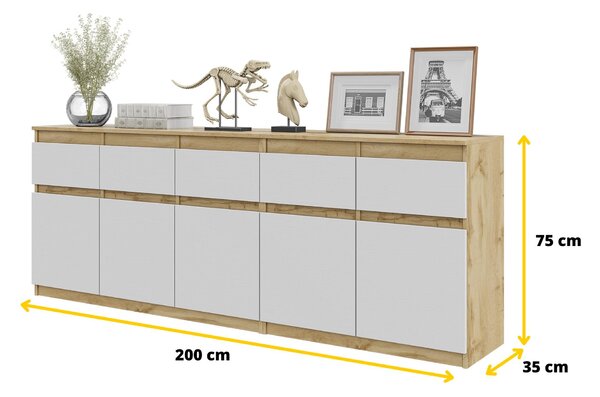 Komoda NOAH Dub Wotan / Bílá Mat – Velká Komoda do Ložnice s 5 Zásuvkami a 5 Dvířky, Set Komod Š200 x V75 x H35 cm