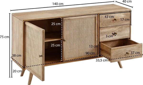 FineBuy Sideboard Mango Masivní dřevo 140 cm 2 dveře a 3 zásuvky - Masivní retro komoda s vídeňským proutěním - Designový přírodní příborník - Ruční výroba