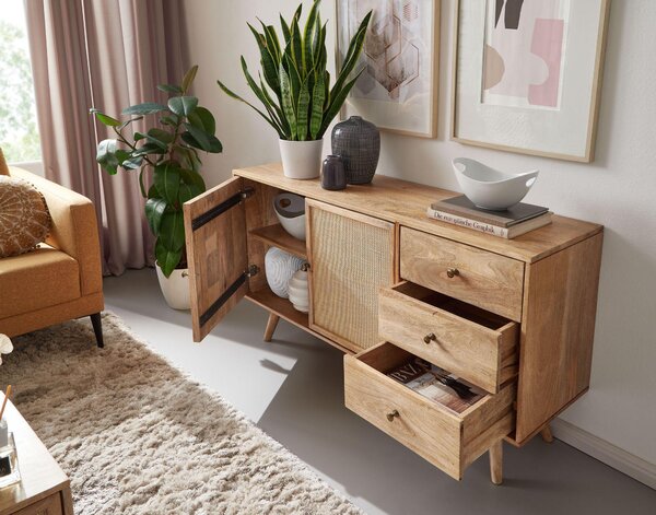 FineBuy Sideboard Mango Masivní dřevo 140 cm 2 dveře a 3 zásuvky - Masivní retro komoda s vídeňským proutěním - Designový přírodní příborník - Ruční výroba