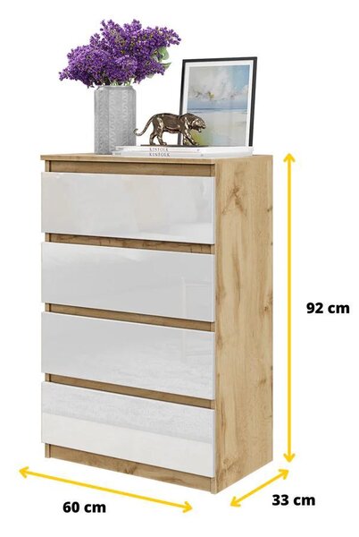 Vysoká komoda se 4 zásuvkami - dub Wotan / bílý vysoký lesk 92 cm, ideální do obývacího pokoje a ložnice