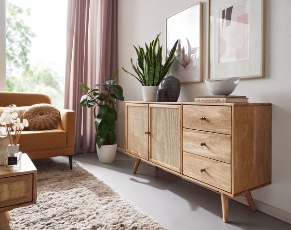 FineBuy Sideboard Mango Masivní dřevo 140 cm 2 dveře a 3 zásuvky - Masivní retro komoda s vídeňským proutěním - Designový přírodní příborník - Ruční výroba