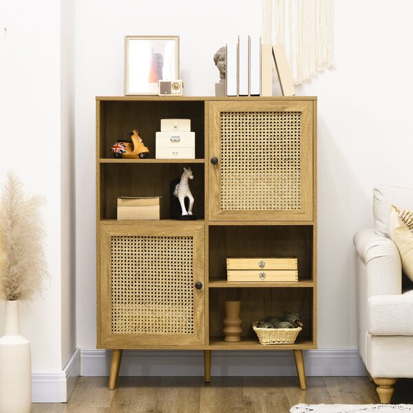 HOMCOM Buffetová skříňka s nohami z dřeva a ratanu se 2 dveřmi a 4 přihrádkami - rozměry 90L x 32,5W x 120H cm | Aosom