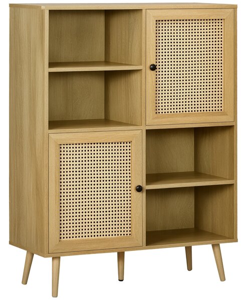 HOMCOM Buffetová skříňka s nohami z dřeva a ratanu se 2 dveřmi a 4 přihrádkami - rozměry 90L x 32,5W x 120H cm | Aosom
