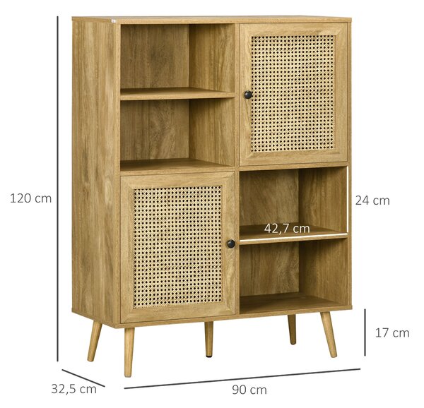 HOMCOM Buffetová skříňka s nohami z dřeva a ratanu se 2 dveřmi a 4 přihrádkami - rozměry 90L x 32,5W x 120H cm | Aosom