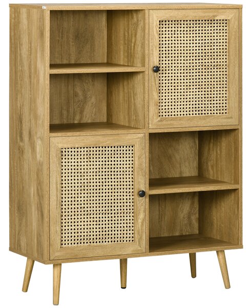 HOMCOM Buffetová skříňka s nohami z dřeva a ratanu se 2 dveřmi a 4 přihrádkami - rozměry 90L x 32,5W x 120H cm | Aosom