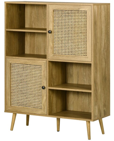 HOMCOM Buffetová skříňka s nohami z dřeva a ratanu se 2 dveřmi a 4 přihrádkami - rozměry 90L x 32,5W x 120H cm | Aosom