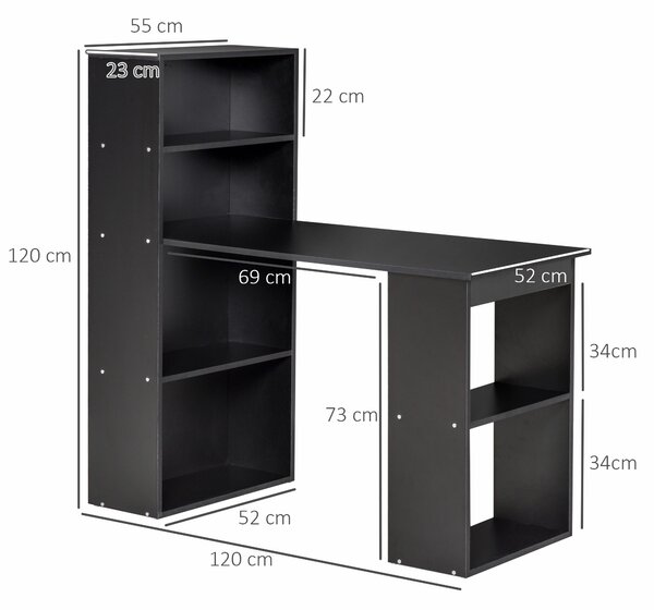 HOMCOM Počítačový stůl s úložným prostorem, 6 otevřenými přihrádkami, počítačový stůl do ložnice, studia, 120 x 55 x 120 cm, černý | Aosom